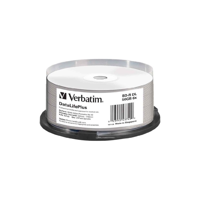 BD-R VERBATIM  50GB, viteza 6x, 25 buc, Double Layer, spindle, printabil, "Wide Inkjet Printable" "43749"