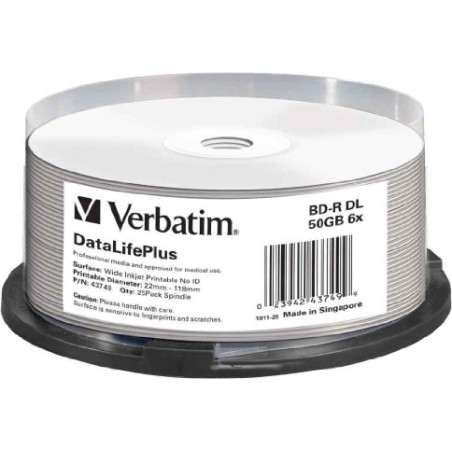 BD-R VERBATIM  50GB, viteza 6x, 25 buc, Double Layer, spindle, printabil, "Wide Inkjet Printable" "43749"
