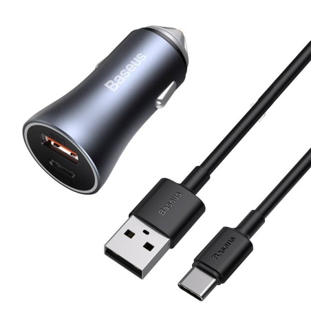 INCARCATOR auto Baseus Golden Contactor,1xUSB Output 5V/3A si 1xUSB Type-C Output 5V/3A,40W,cablu 5A USB la USB Type-C de 1m,pt.