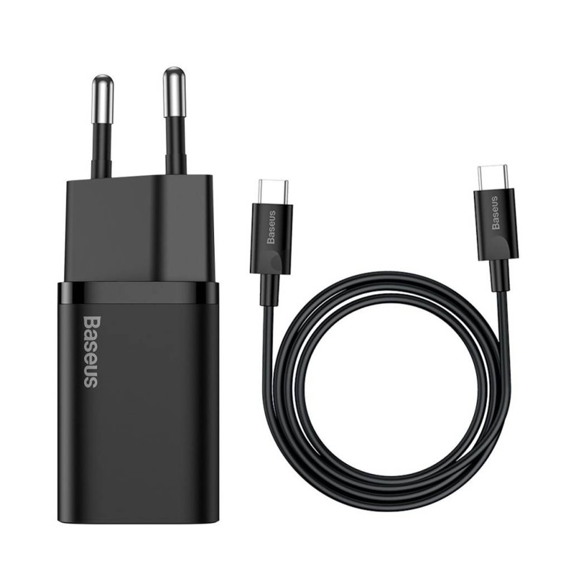 INCARCATOR retea Baseus Super Si, Quick Charge 25W, 1 x USB Type-C 5V/3A max, include cablu USB Type-C la USB Type-C 1m, negru "