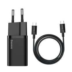 INCARCATOR retea Baseus Super Si, Quick Charge 25W, 1 x USB Type-C 5V/3A max, include cablu USB Type-C la USB Type-C 1m, negru "