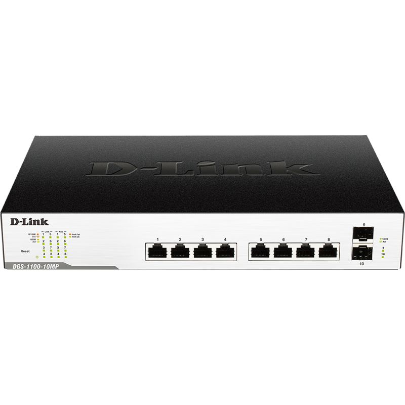 SWITCH PoE D-LINK Smart  8 porturi Gigabit (8 PoE) + 2 porturi SFP, IEEE 802.3af/at, carcasa metalica, rackabil "DGS-1100-10MP"(