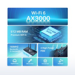 ROUTER TP-LINK wireless AX3000, 3000Mbps,1 x WAN Gigabit, 4 porturi Gigabit,1 x USB 3.1, 2.4 Ghz/5 Ghz dual band, 4 antene exter
