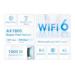 RANGE EXTENDER TP-LINK wireless  AX1800, 1800Mbps, 1 port Gigabit,  2 antene interne, 2.4 / 5Ghz dual band, Wi-Fi 6, "RE600X" (t