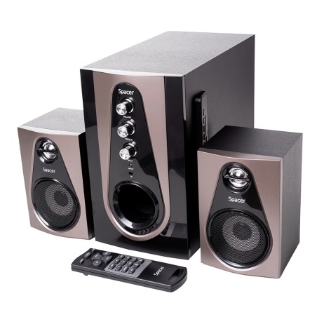 BOXE SPACER 2.1, RMS: 30W (2 x 5W + 20W), bluetooth telecomanda wireless, control volum, bass, treble, subwoofer lemn MDF, radio
