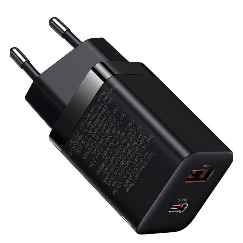 INCARCATOR retea Baseus Super Si Pro, Quick Charge 30W, 1 x USB 5V/3A, 1 x USB Type-C 5V/3A, negru "CCSUPP-E01" (timbru verde 0.