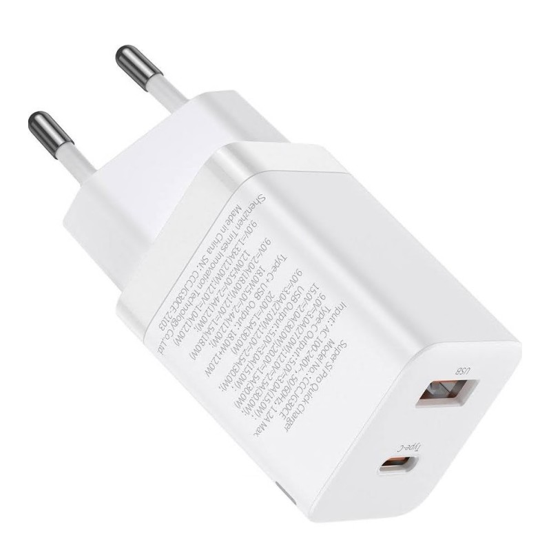 INCARCATOR retea Baseus Super Si Pro, Quick Charge 30W, 1 x USB 5V/3A, 1 x USB Type-C 5V/3A, alb "CCSUPP-E02" (timbru verde 0.18