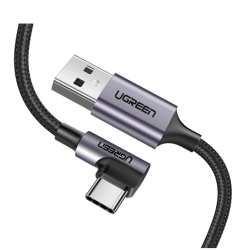 CABLU alimentare si date Ugreen, "US284", Fast Charging Data Cable pt. smartphone, USB la USB Type-C 3A Angled 90°, braided, 1m,