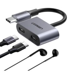ADAPTOR Incarcare si audio Ugreen, "CM232", 1 x USB Type-C(T) la 2 x USB Type-C(M), lungime cablu 15 cm, gri "60165" (timbru ver