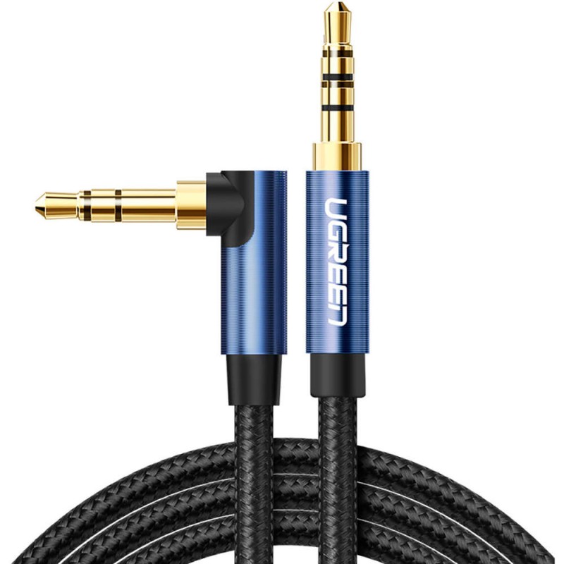 CABLU audio Ugreen, "AV112" stereo (3.5 mm jack T/T), conectori auriti, 1m, braided, unghi de 90 grade la un cap, albastru "6017