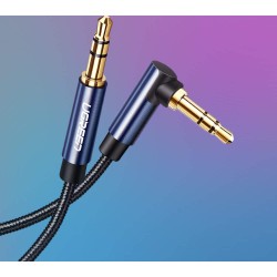 CABLU audio Ugreen, "AV112" stereo (3.5 mm jack T/T), conectori auriti, 1m, braided, unghi de 90 grade la un cap, albastru "6017