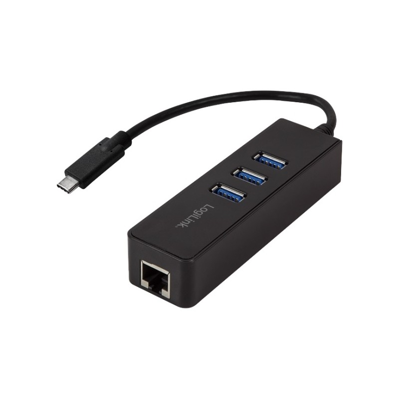 HUB extern LOGILINK, porturi USB: USB 3.0 x 3, conectare prin USB 3.2 Type C, cablu 0.1 m, retea 10/100/1000 Mbps (Gigabit), neg