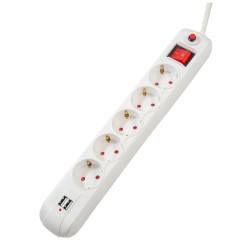PRELUNGITOR SPACER, Schuko x 5, conectare prin Schuko (T), USB x 2, cablu 3 m, 16 A, max. 3500W, protectie supratensiune, alb, "