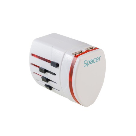 ADAPTOR universal SPACER, pt. calatorii, Schuko x 1, conectare Socket Universal (T), USB x 2,   10 A, alb, "SPAD-UNIV"/45505994 