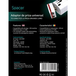 ADAPTOR universal SPACER, pt. calatorii, Schuko x 1, conectare Socket Universal (T), USB x 2,   10 A, alb, "SPAD-UNIV"/45505994 