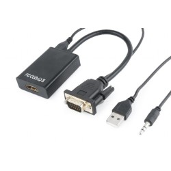 CABLU video GEMBIRD, adaptor VGA(T)+Jack 3.5mm(T) la HDMI(M),15cm,rez max Full HD 60Hz, conecteaza placa vid cu VGA la monitor H