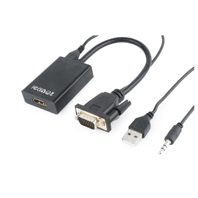 CABLU video GEMBIRD, adaptor VGA(T)+Jack 3.5mm(T) la HDMI(M),15cm,rez max Full HD 60Hz, conecteaza placa vid cu VGA la monitor H