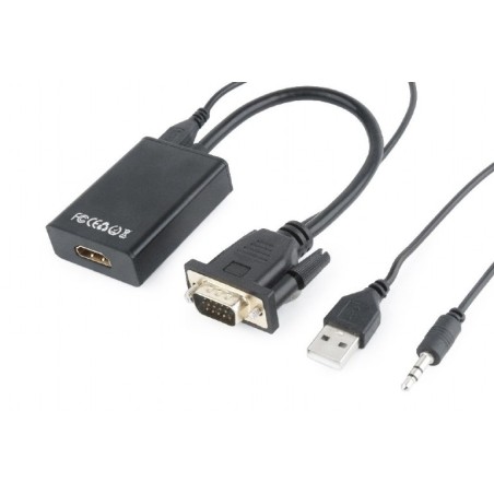 CABLU video GEMBIRD, adaptor VGA(T)+Jack 3.5mm(T) la HDMI(M),15cm,rez max Full HD 60Hz, conecteaza placa vid cu VGA la monitor H