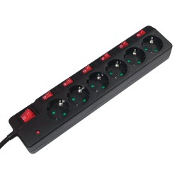 PRELUNGITOR LOGILINK, Schuko x 6, conectare prin Schuko (T), cablu 1.5 m, 16 A, protectie supratensiune, protectie copii, negru,